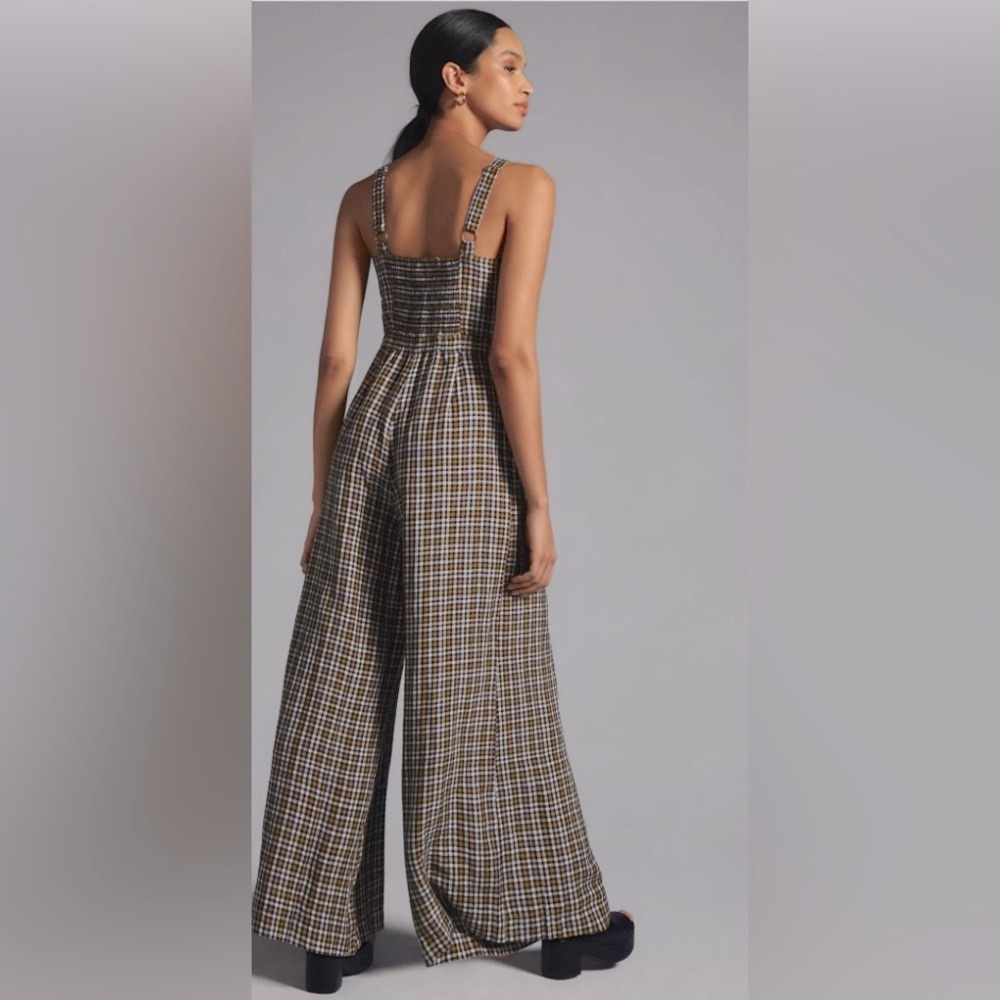 Anthropologie Embroidered Plaid Pleated Wide Leg Flowy Jumpsuit Sz 4 - Picture 2 of 10